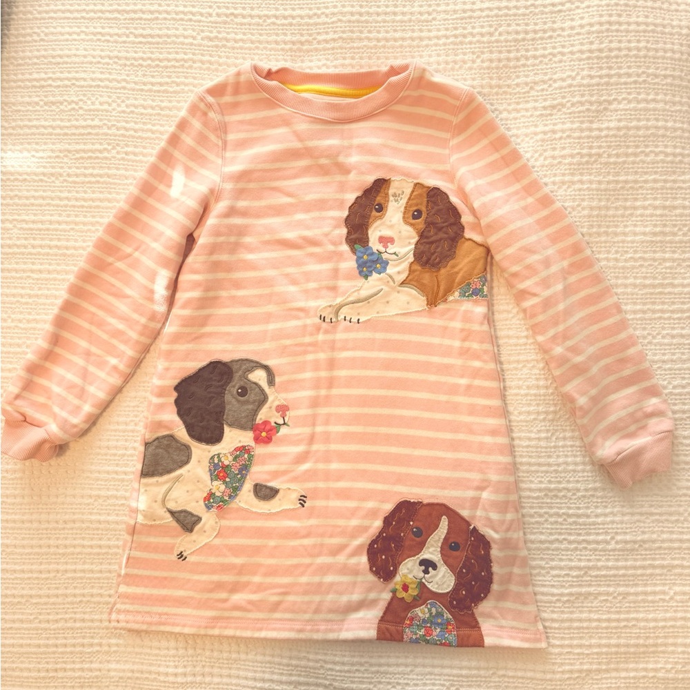 Mini Boden Pink Striped Sweater Dress with Dog Print